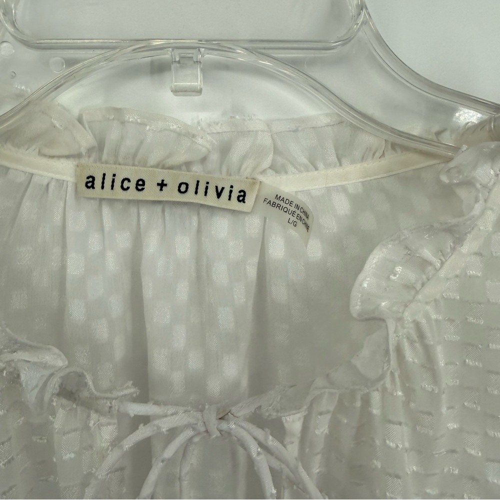 Alice + Olivia Semisheer Blouse Size L Julius White Ruffle Sleeve Clip Dot - Picture 5 of 7